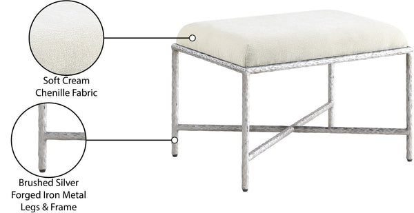 Meridian Furniture Valley Chenille Upholstered Bench with Brushed Silver Iron Frame for Bedroom Entry 22062Cream