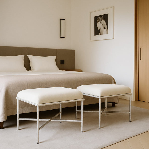 Meridian Furniture Valley Chenille Upholstered Bench with Brushed Silver Iron Frame for Bedroom Entry 22062Cream