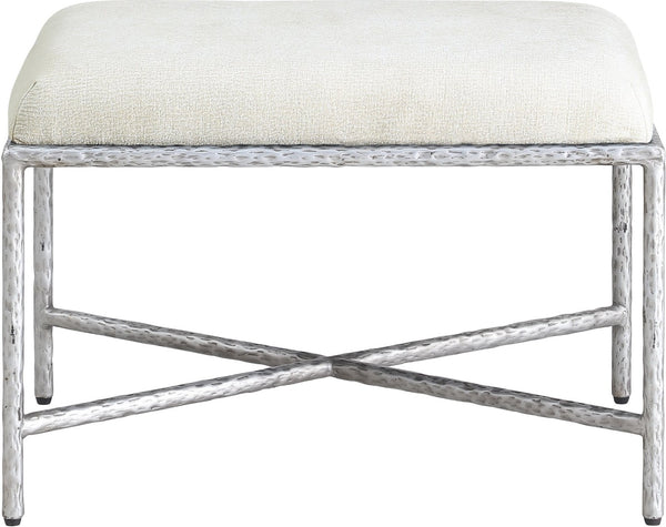 Meridian Furniture Valley Chenille Upholstered Bench with Brushed Silver Iron Frame for Bedroom Entry 22062Cream