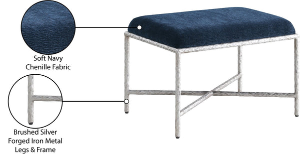 Meridian Furniture Valley Plush Chenille Upholstered Bench with Brushed Iron Legs for Bedroom Entryway 22062Navy