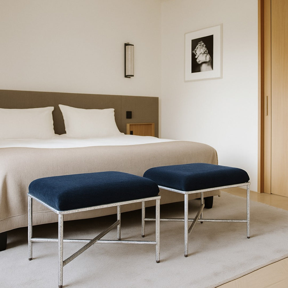 Meridian Furniture Valley Plush Chenille Upholstered Bench with Brushed Iron Legs for Bedroom Entryway 22062Navy
