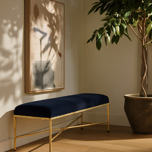 Meridian Furniture Valley Chenille Upholstered Bench with Brass Legs for Bedroom or Entryway Decor 22064Black