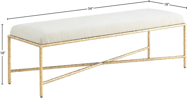 Meridian Furniture Valley Chenille Upholstered Bench with Brushed Brass Iron Frame for Bedroom Entryway 22064Cream