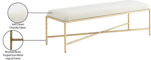 Meridian Furniture Valley Chenille Upholstered Bench with Brushed Brass Iron Frame for Bedroom Entryway 22064Cream