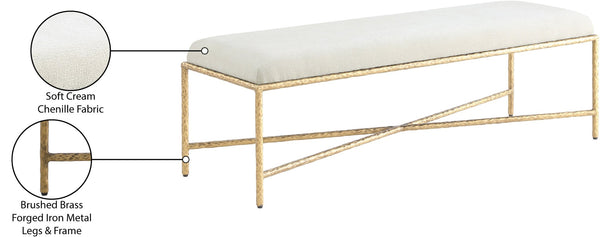 Meridian Furniture Valley Chenille Upholstered Bench with Brushed Brass Iron Frame for Bedroom Entryway 22064Cream
