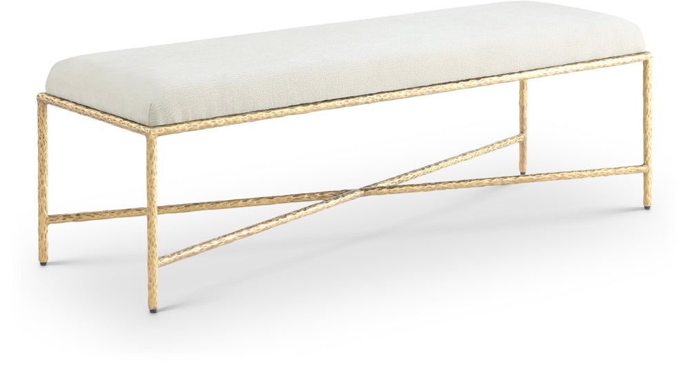 Meridian Furniture Valley Chenille Upholstered Bench with Brushed Brass Iron Frame for Bedroom Entryway 22064Cream