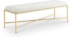 Meridian Furniture Valley Chenille Upholstered Bench with Brushed Brass Iron Frame for Bedroom Entryway 22064Cream