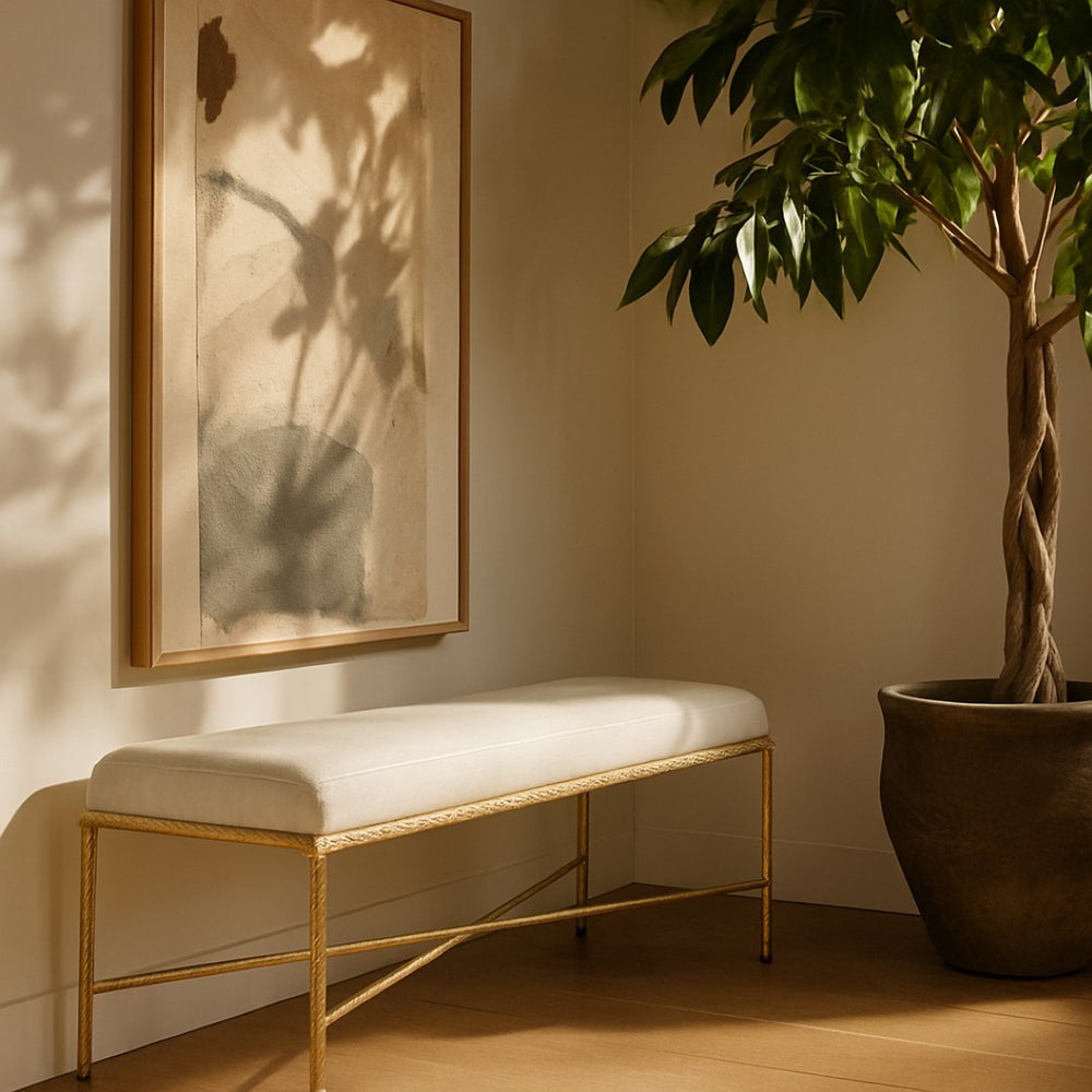 Meridian Furniture Valley Chenille Upholstered Bench with Brushed Brass Iron Frame for Bedroom Entryway 22064Cream