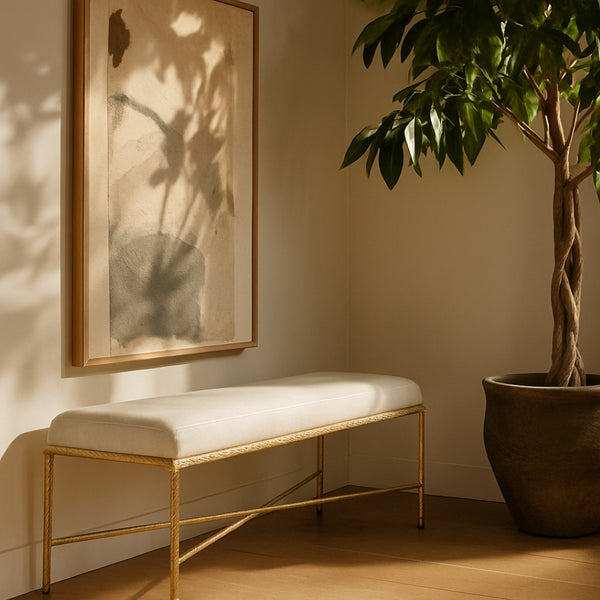 Meridian Furniture Valley Chenille Upholstered Bench with Brushed Brass Iron Frame for Bedroom Entryway 22064Cream