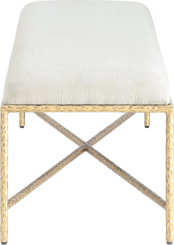 Meridian Furniture Valley Chenille Upholstered Bench with Brushed Brass Iron Frame for Bedroom Entryway 22064Cream