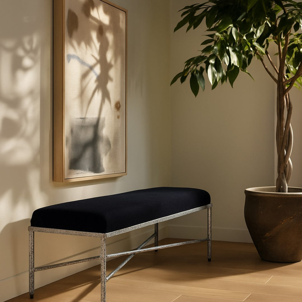 Meridian Furniture Valley Chenille Upholstered Bench with Iron Frame for Bedroom or Entryway 22065Black
