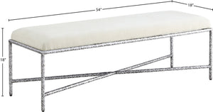 Meridian Furniture Valley Chenille Upholstered Bench with Brushed Silver Iron Frame for Bedroom Entryway 22065Cream