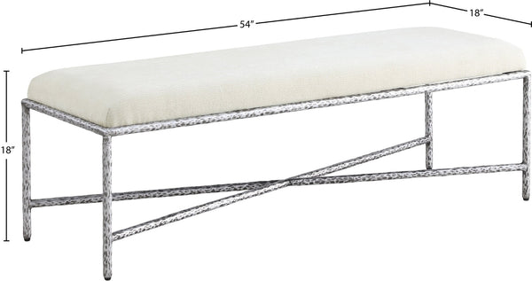 Meridian Furniture Valley Chenille Upholstered Bench with Brushed Silver Iron Frame for Bedroom Entryway 22065Cream