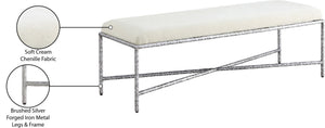 Meridian Furniture Valley Chenille Upholstered Bench with Brushed Silver Iron Frame for Bedroom Entryway 22065Cream