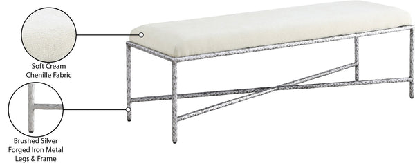 Meridian Furniture Valley Chenille Upholstered Bench with Brushed Silver Iron Frame for Bedroom Entryway 22065Cream