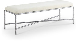 Meridian Furniture Valley Chenille Upholstered Bench with Brushed Silver Iron Frame for Bedroom Entryway 22065Cream