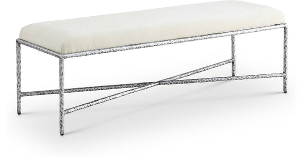 Meridian Furniture Valley Chenille Upholstered Bench with Brushed Silver Iron Frame for Bedroom Entryway 22065Cream