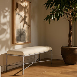 Meridian Furniture Valley Chenille Upholstered Bench with Brushed Silver Iron Frame for Bedroom Entryway 22065Cream