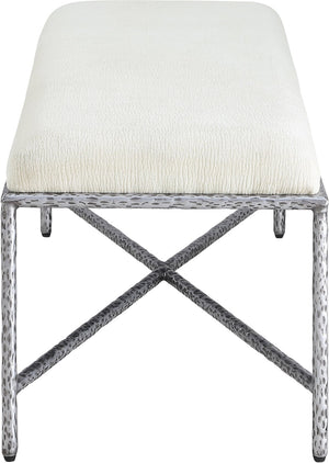 Meridian Furniture Valley Chenille Upholstered Bench with Brushed Silver Iron Frame for Bedroom Entryway 22065Cream