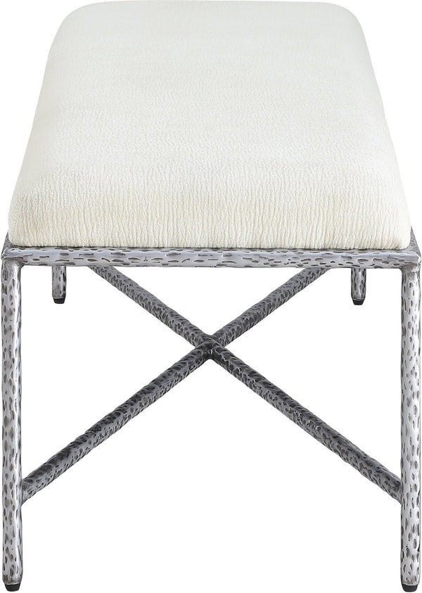 Meridian Furniture Valley Chenille Upholstered Bench with Brushed Silver Iron Frame for Bedroom Entryway 22065Cream