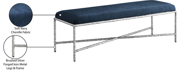 Meridian Furniture Valley Chenille Upholstered Bench with Forged Iron Frame for Bedroom or Entryway 22065Navy