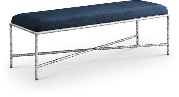 Meridian Furniture Valley Chenille Upholstered Bench with Forged Iron Frame for Bedroom or Entryway 22065Navy