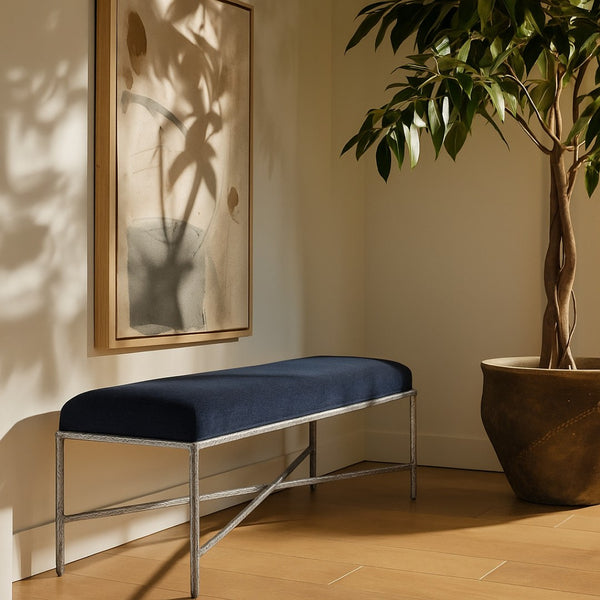 Meridian Furniture Valley Chenille Upholstered Bench with Forged Iron Frame for Bedroom or Entryway 22065Navy