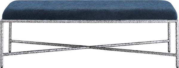Meridian Furniture Valley Chenille Upholstered Bench with Forged Iron Frame for Bedroom or Entryway 22065Navy