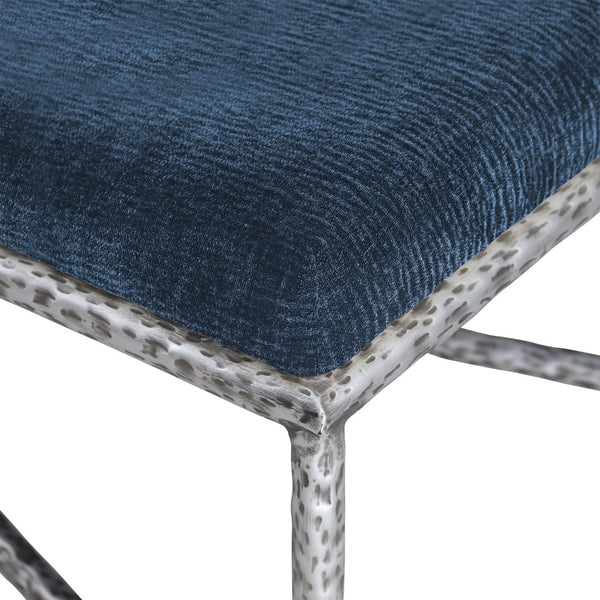 Meridian Furniture Valley Chenille Upholstered Bench with Forged Iron Frame for Bedroom or Entryway 22065Navy