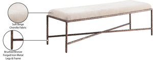 Meridian Furniture Valley Chenille Upholstered Bench with Forged Iron Base for Bedroom or Entryway 22066Beige