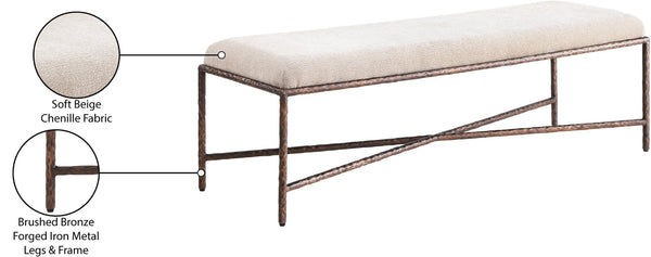 Meridian Furniture Valley Chenille Upholstered Bench with Forged Iron Base for Bedroom or Entryway 22066Beige