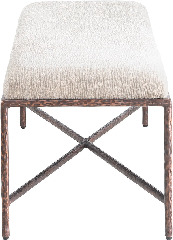 Meridian Furniture Valley Chenille Upholstered Bench with Forged Iron Base for Bedroom or Entryway 22066Beige