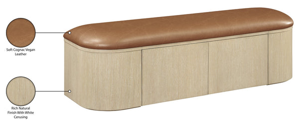Meridian Furniture Velden Art Deco Vegan Leather Storage Bench with Cerused Wood Base 22070Cognac
