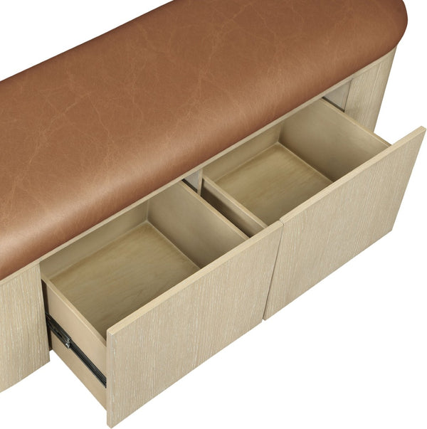 Meridian Furniture Velden Art Deco Vegan Leather Storage Bench with Cerused Wood Base 22070Cognac