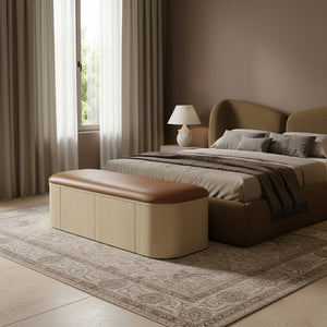 Meridian Furniture Velden Art Deco Vegan Leather Storage Bench with Cerused Wood Base 22070Cognac