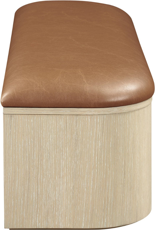 Meridian Furniture Velden Art Deco Vegan Leather Storage Bench with Cerused Wood Base 22070Cognac