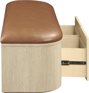 Meridian Furniture Velden Art Deco Vegan Leather Storage Bench with Cerused Wood Base 22070Cognac
