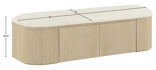 Meridian Furniture Velden Art Deco Storage Bench with Vegan Leather and Cerused Wood Base 22070Cream