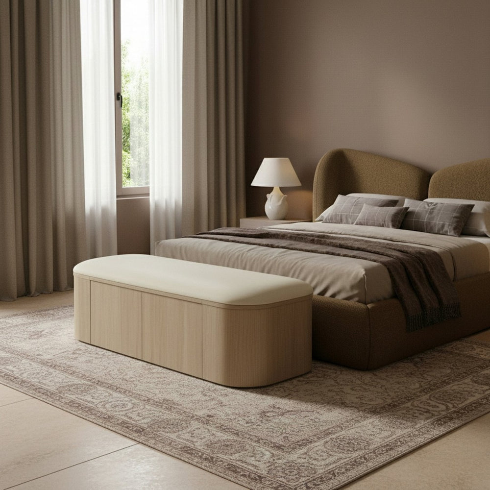 Meridian Furniture Velden Art Deco Storage Bench with Vegan Leather and Cerused Wood Base 22070Cream
