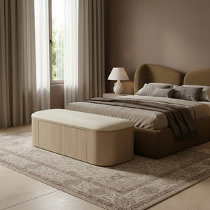 Meridian Furniture Velden Art Deco Storage Bench with Vegan Leather and Cerused Wood Base 22070Cream