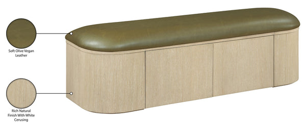 Meridian Furniture Velden Art Deco Storage Bench in Olive Vegan Leather with Cerused Wood Base 22070Olive
