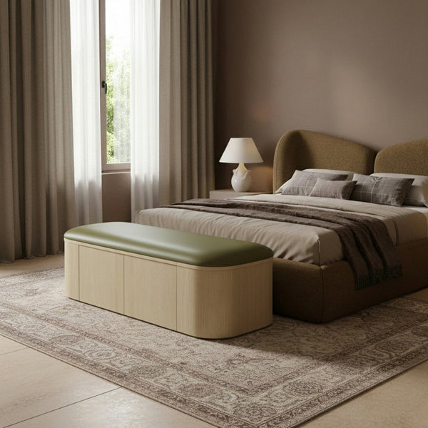 Meridian Furniture Velden Art Deco Storage Bench in Olive Vegan Leather with Cerused Wood Base 22070Olive