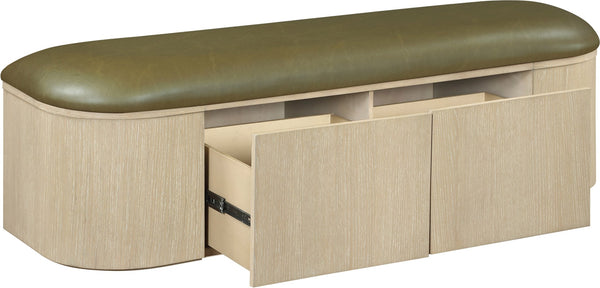 Meridian Furniture Velden Art Deco Storage Bench in Olive Vegan Leather with Cerused Wood Base 22070Olive