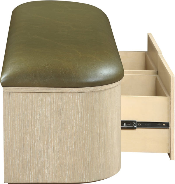 Meridian Furniture Velden Art Deco Storage Bench in Olive Vegan Leather with Cerused Wood Base 22070Olive