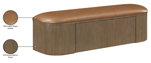 Meridian Furniture Velden Art Deco Vegan Leather Storage Bench with Walnut Base for Bedroom Entry 22071Cognac
