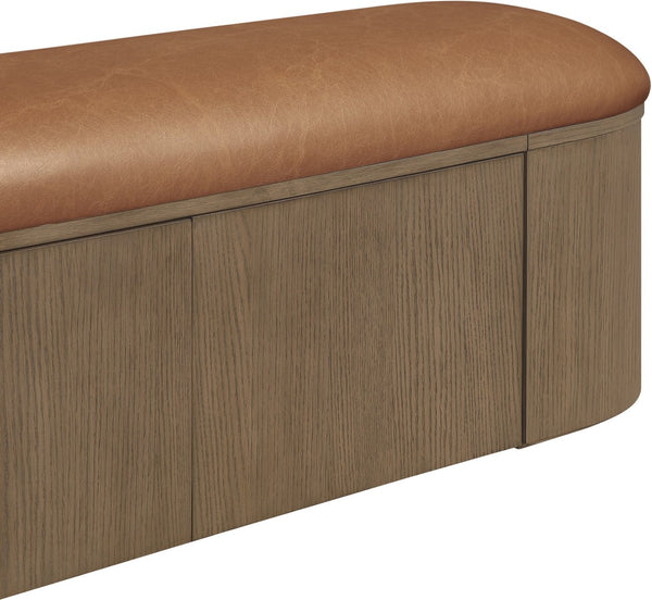 Meridian Furniture Velden Art Deco Vegan Leather Storage Bench with Walnut Base for Bedroom Entry 22071Cognac