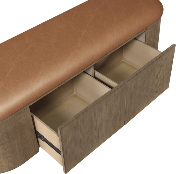Meridian Furniture Velden Art Deco Vegan Leather Storage Bench with Walnut Base for Bedroom Entry 22071Cognac