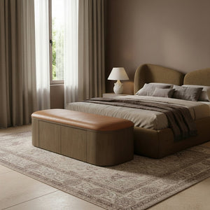 Meridian Furniture Velden Art Deco Vegan Leather Storage Bench with Walnut Base for Bedroom Entry 22071Cognac