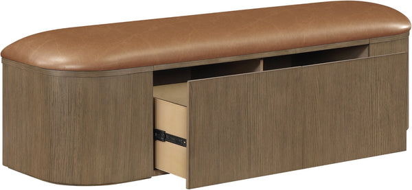 Meridian Furniture Velden Art Deco Vegan Leather Storage Bench with Walnut Base for Bedroom Entry 22071Cognac