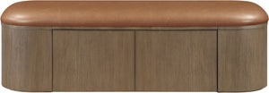 Meridian Furniture Velden Art Deco Vegan Leather Storage Bench with Walnut Base for Bedroom Entry 22071Cognac